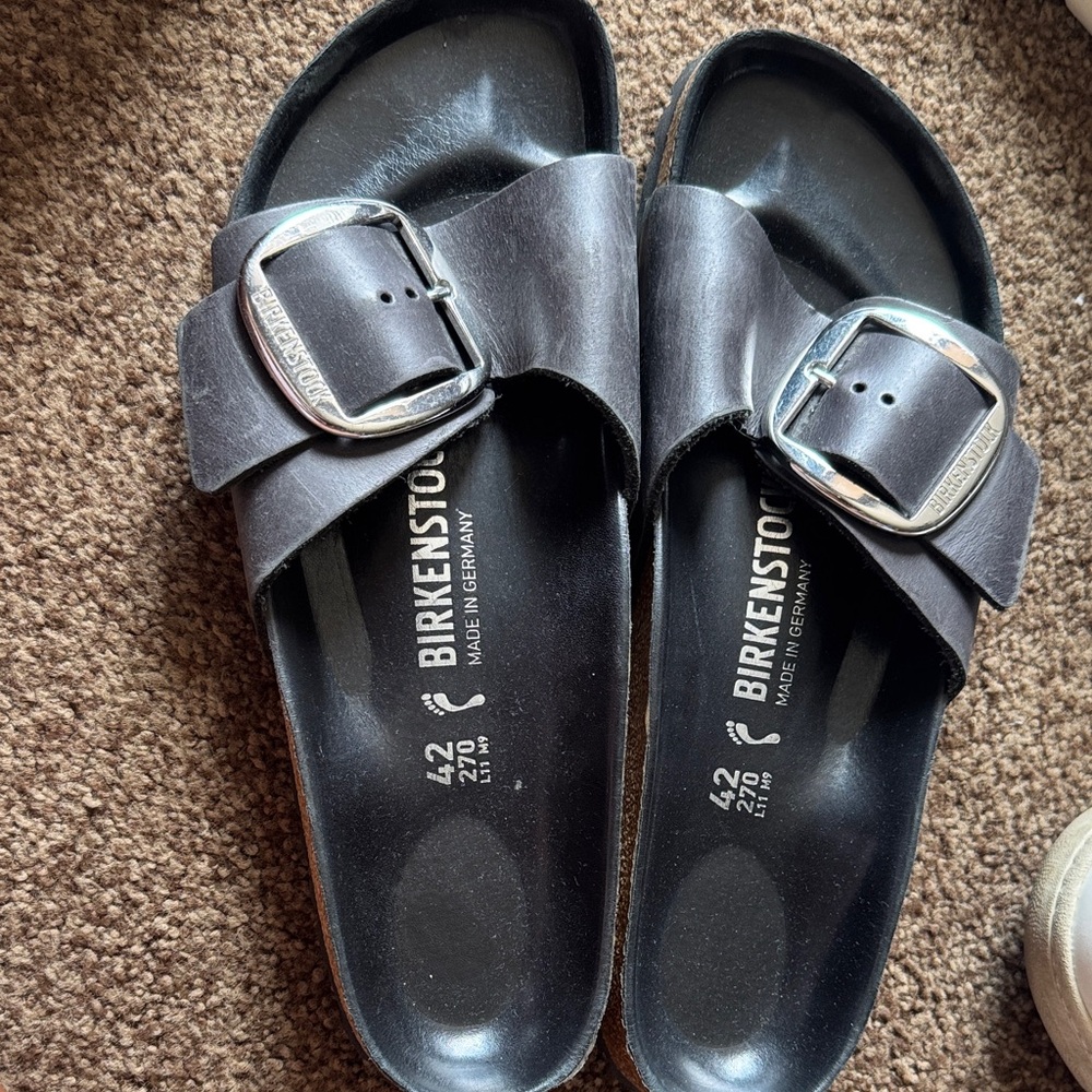 Birkenstock Charcoal Sandals with Metallic Buckle